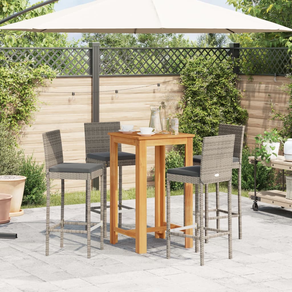 Set Bar Giardino 5pz Grigio Legno Massello Acacia e Polyrattan