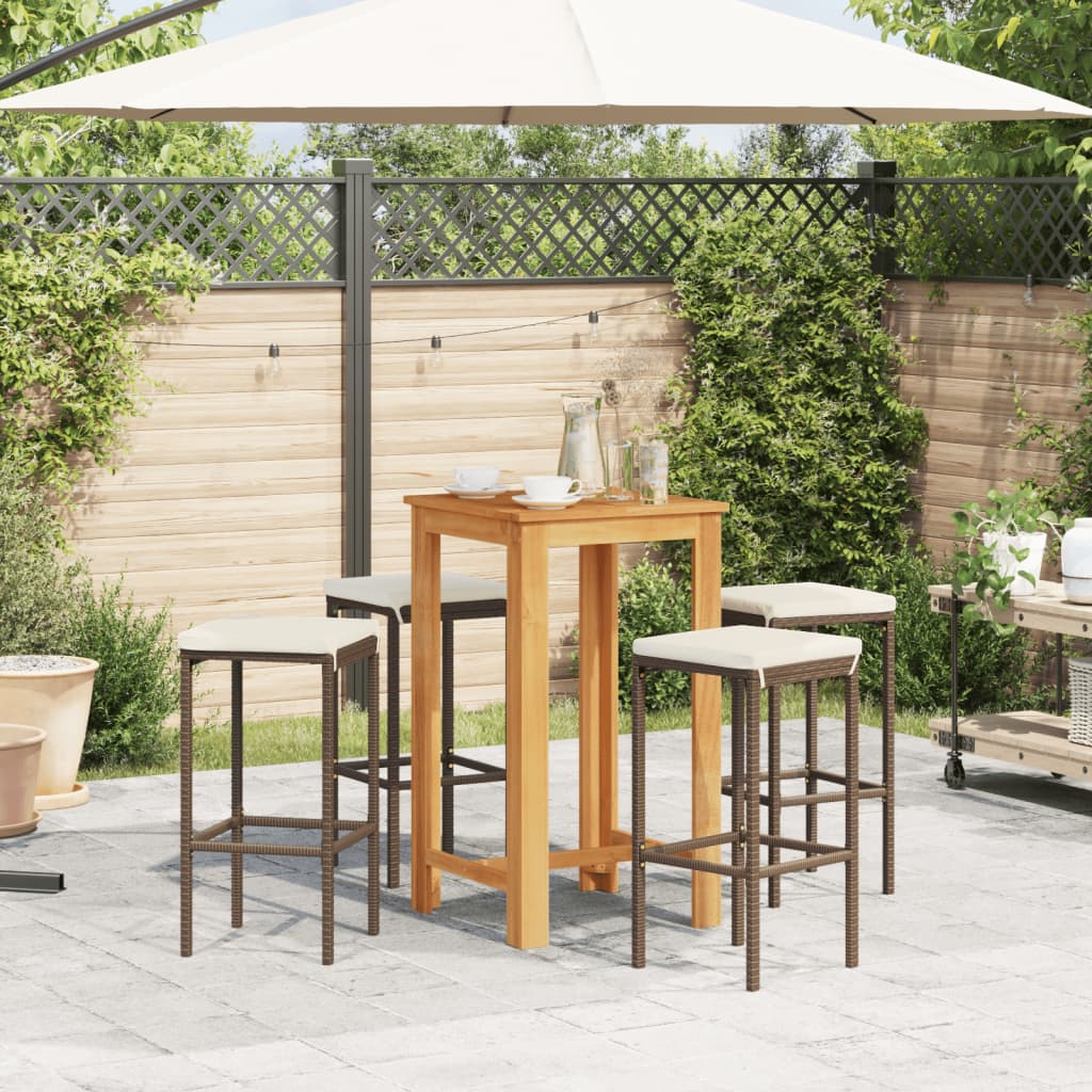 Set Bar Giardino 5pz Marrone Legno Massello Acacia e Polyrattan