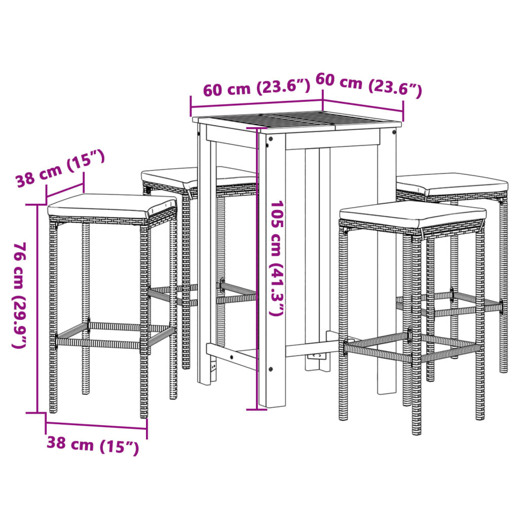 Set Bar Giardino 5pz Marrone Legno Massello Acacia e Polyrattan