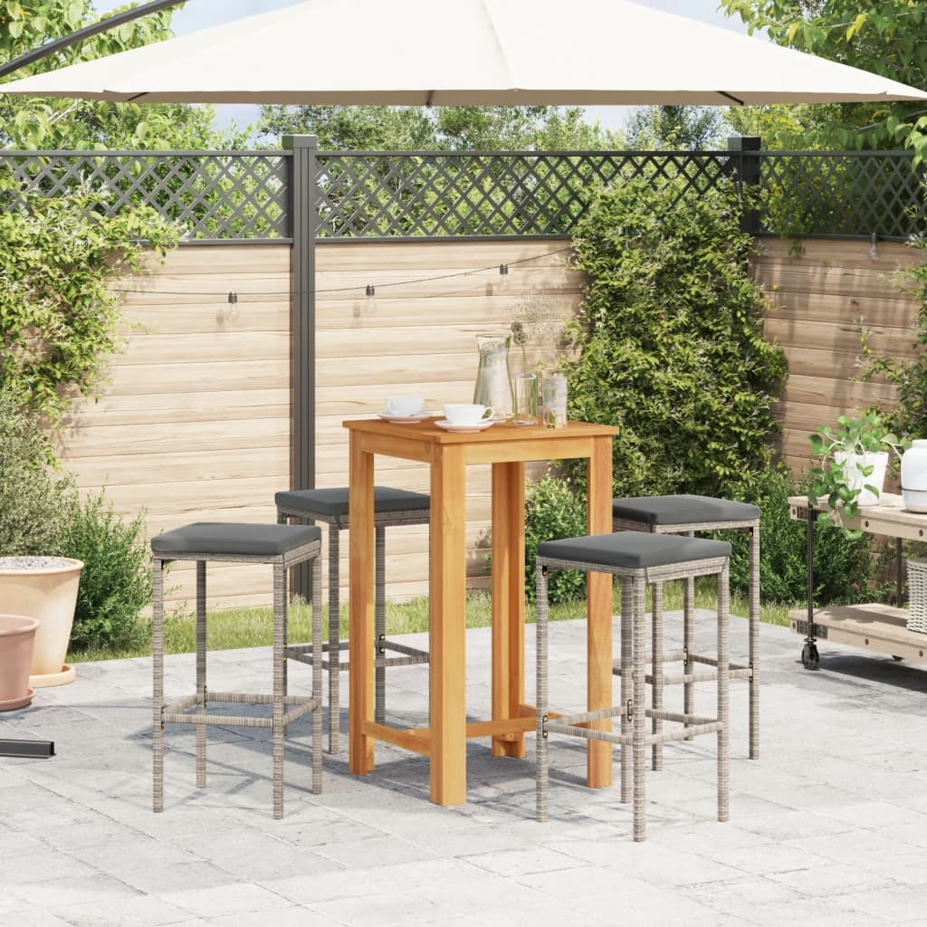 Set Bar Giardino 5pz Grigio Legno Massello Acacia e Polyrattan