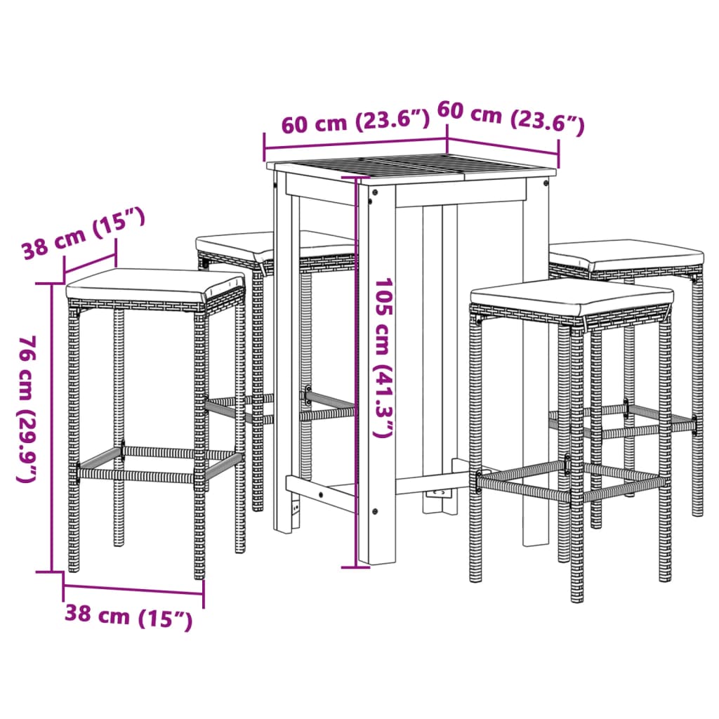 Set Bar Giardino 5pz Grigio Legno Massello Acacia e Polyrattan