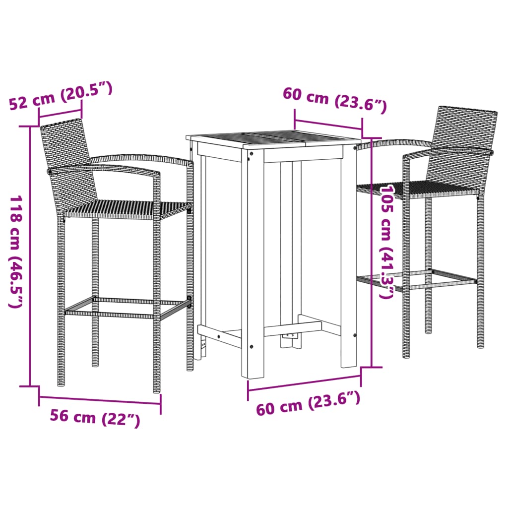 Set Bar da Giardino 3 pz Marrone in Legno Acacia e Polyrattan