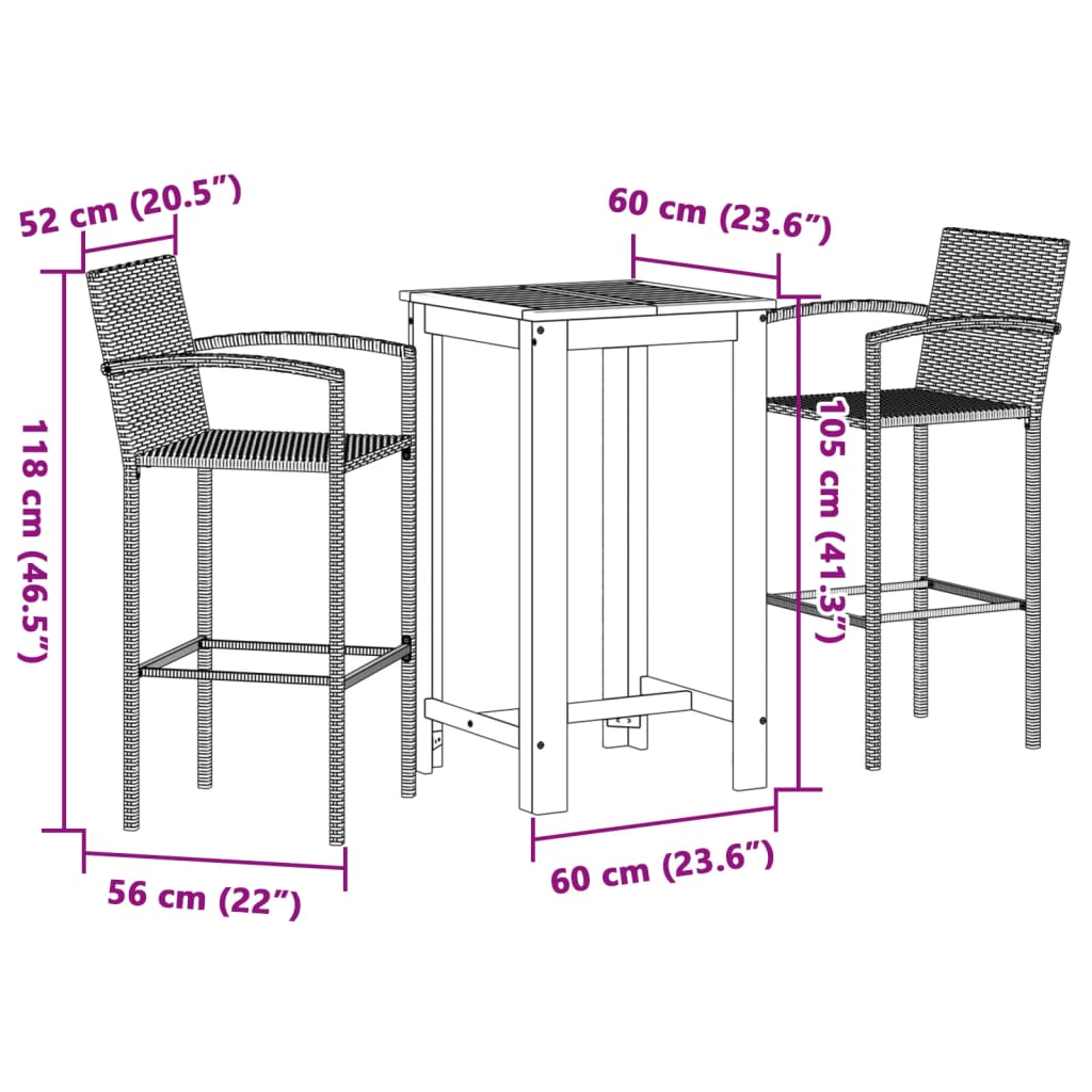 Set Bar da Giardino 3 pz Nero in Legno Acacia e Polyrattan