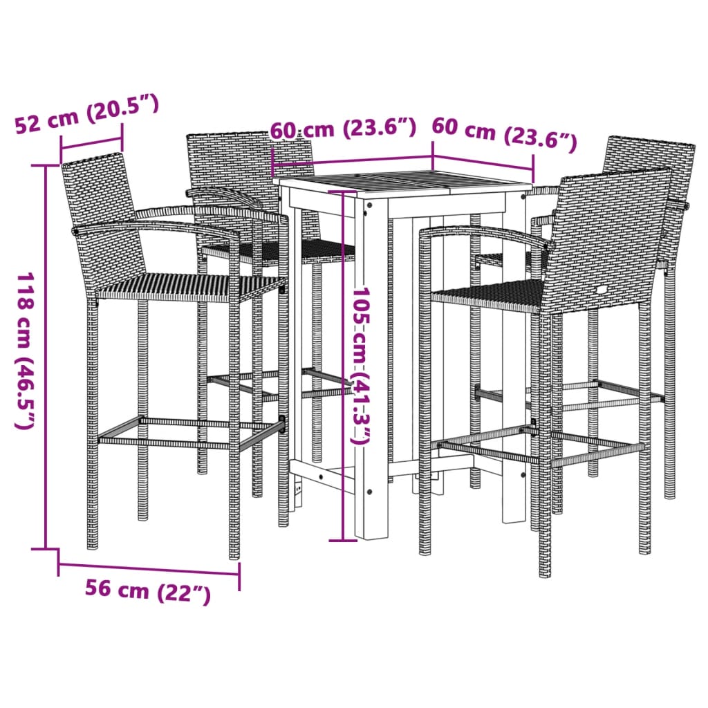 Set Bar Giardino 5pz Marrone Legno Massello Acacia e Polyrattan