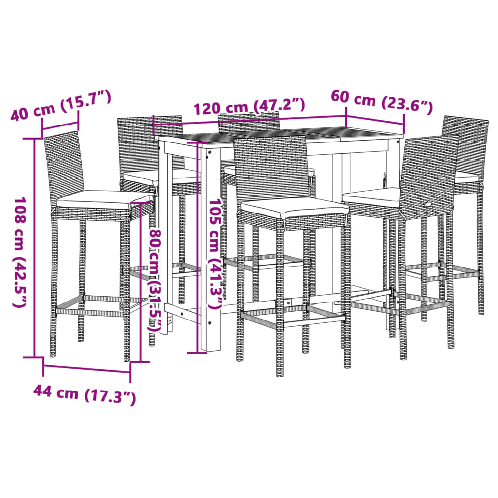 Set Bar da Giardino 7 pz Grigio in Legno Acacia e Polyrattan