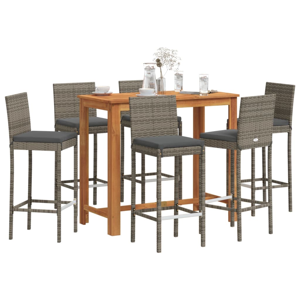 Set Bar da Giardino 7 pz Grigio in Legno Acacia e Polyrattan