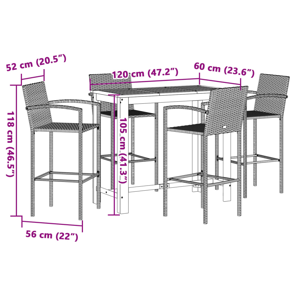 Set Bar Giardino 5pz Marrone Legno Massello Acacia e Polyrattan