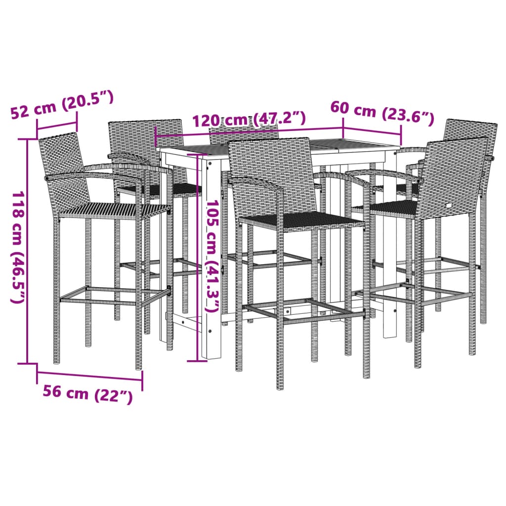 Set Bar Giardino 7pz Marrone Legno Massello Acacia e Polyrattan