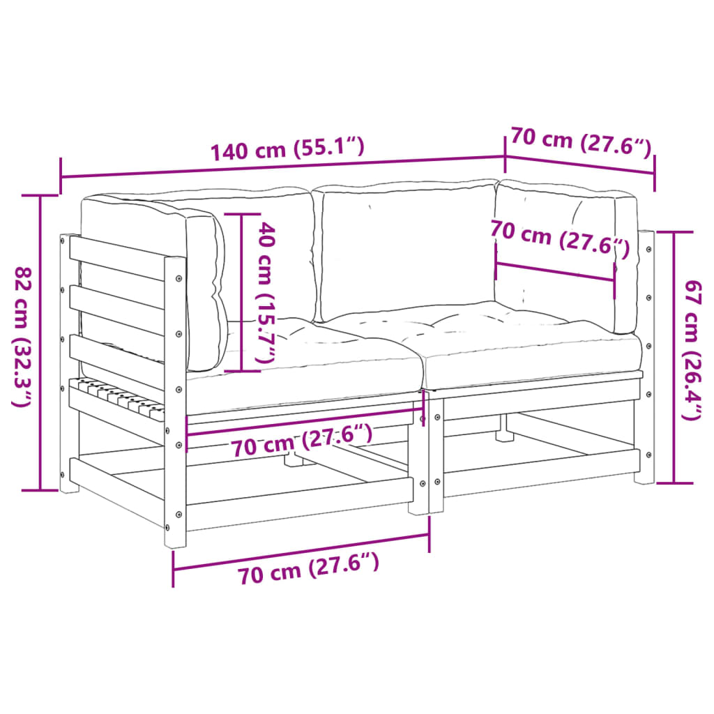 Set Divani Giardino 2 pz con Cuscini in Legno Massello di Pino