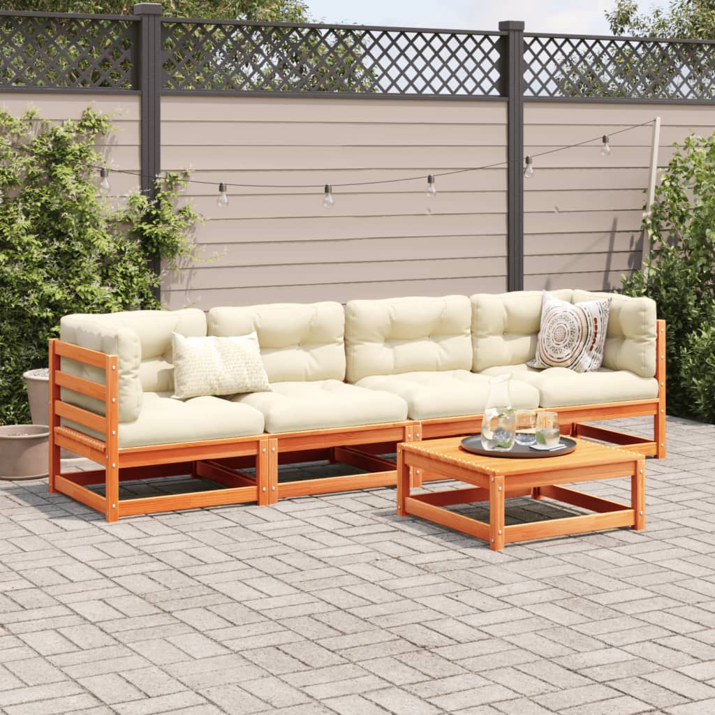 Set Divani da Giardino 5 pz Marrone Cera Legno Massello Pino