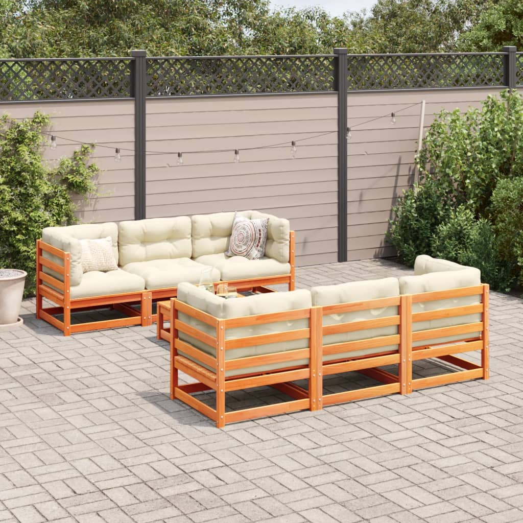 Set Divani da Giardino 7 pz Marrone Cera Legno Massello Pino