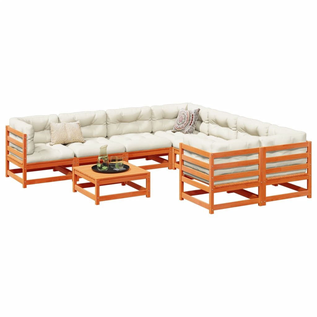 Set Divani da Giardino 9 pz Marrone Cera Legno Massello Pino