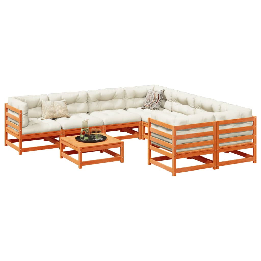 Set Divani Giardino 9 pz con Cuscini Marrone Cera Massello Pino