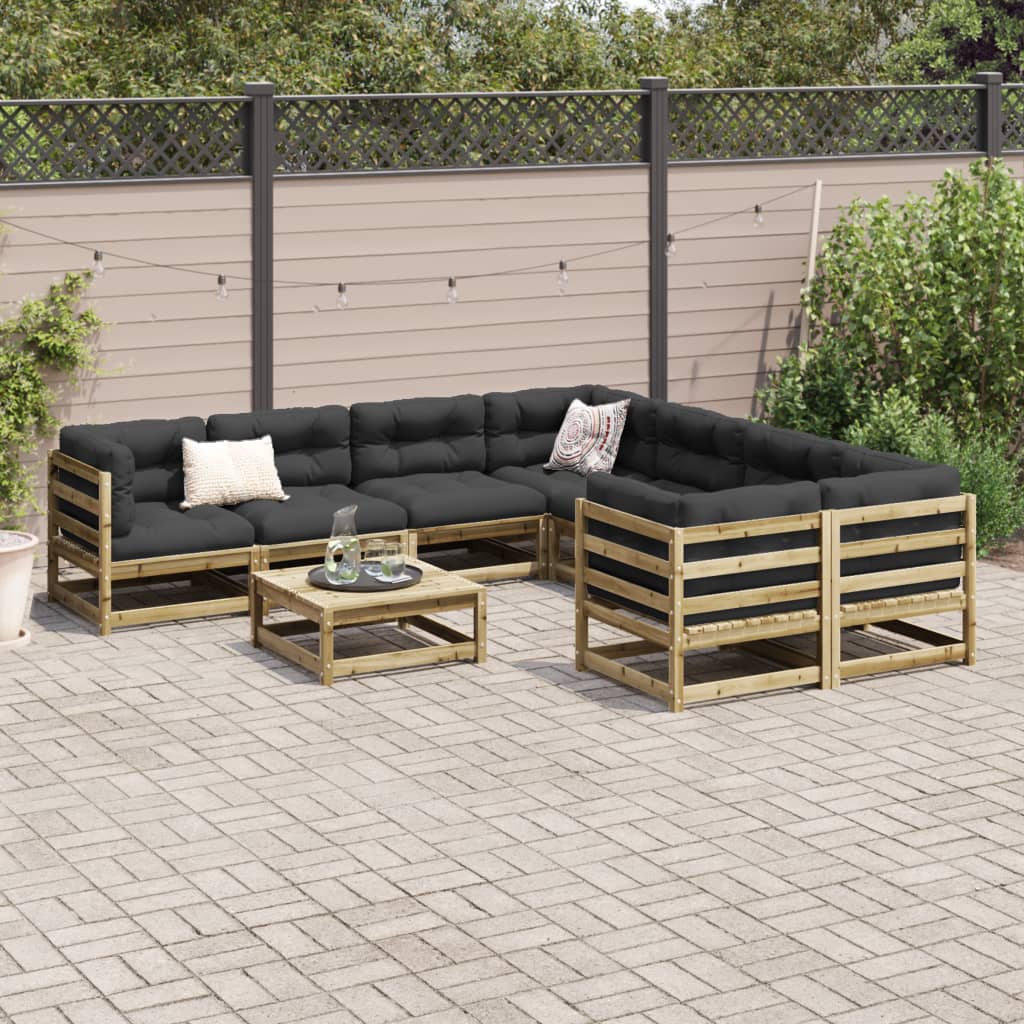 Set Divani da Giardino 9pz con Cuscini Legno Impregnato di Pino