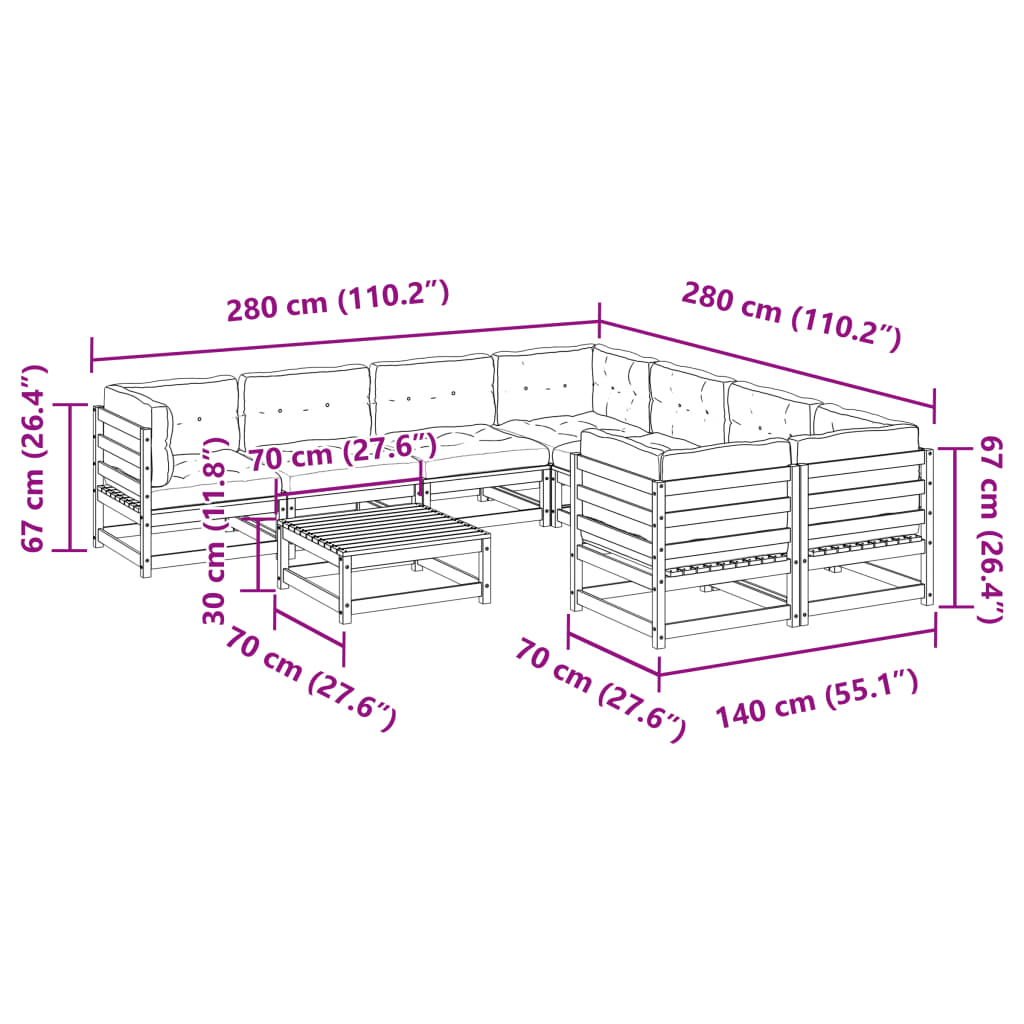 Set Divani da Giardino 9pz con Cuscini Legno Impregnato di Pino