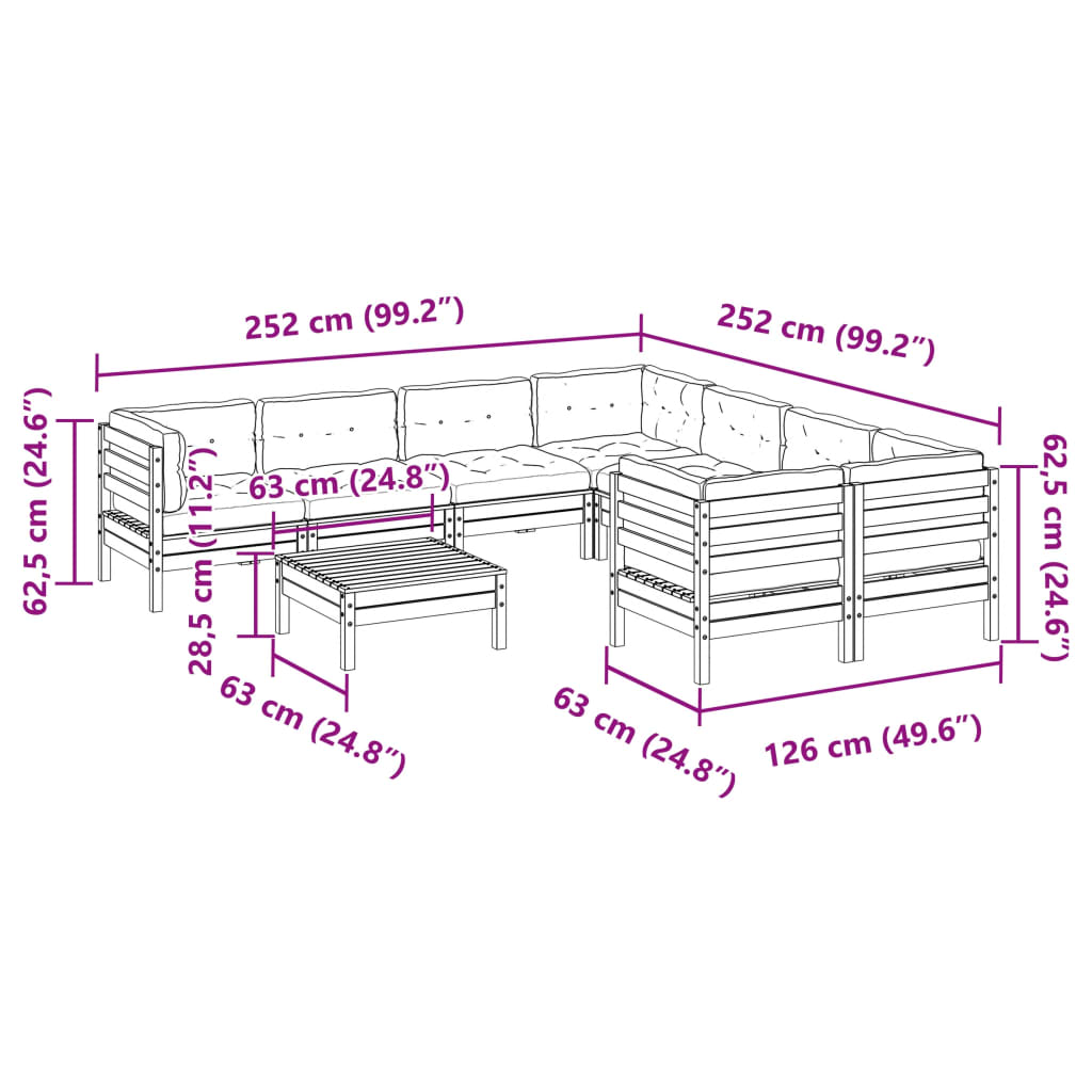 Set Divani Giardino 9 pz con Cuscini Marrone Cera Massello Pino