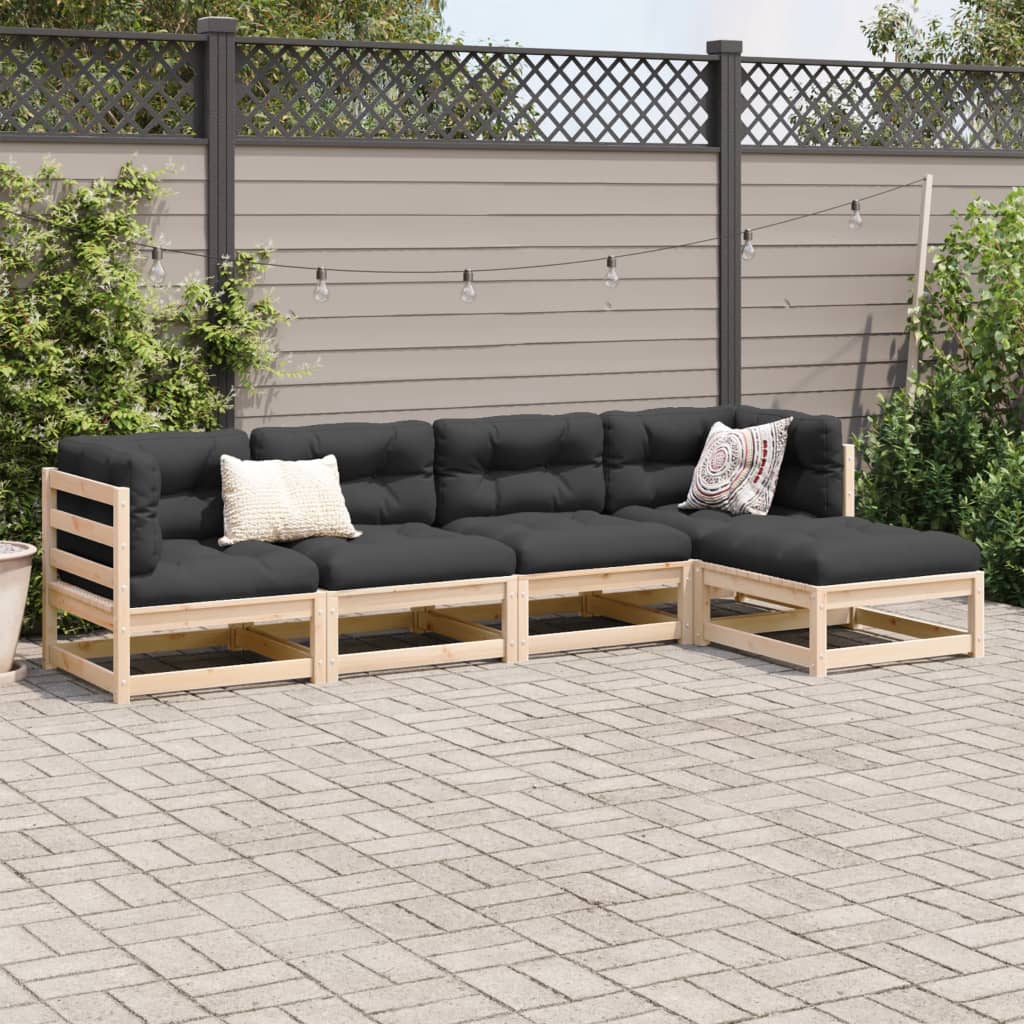 Set Divani Giardino 5 pz con Cuscini in Legno Massello di Pino