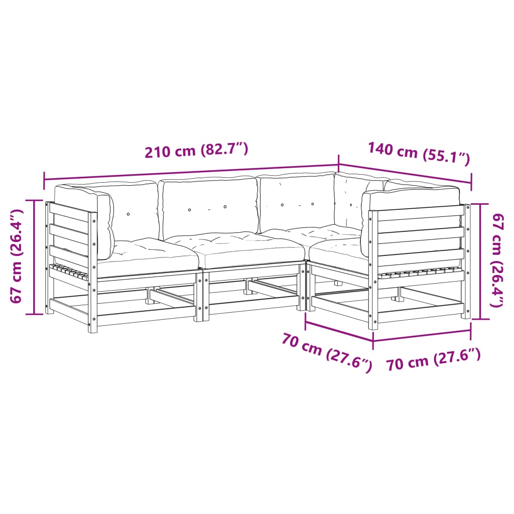 Set Divano da Giardino 4 pz con Cuscini Legno Massello di Pino