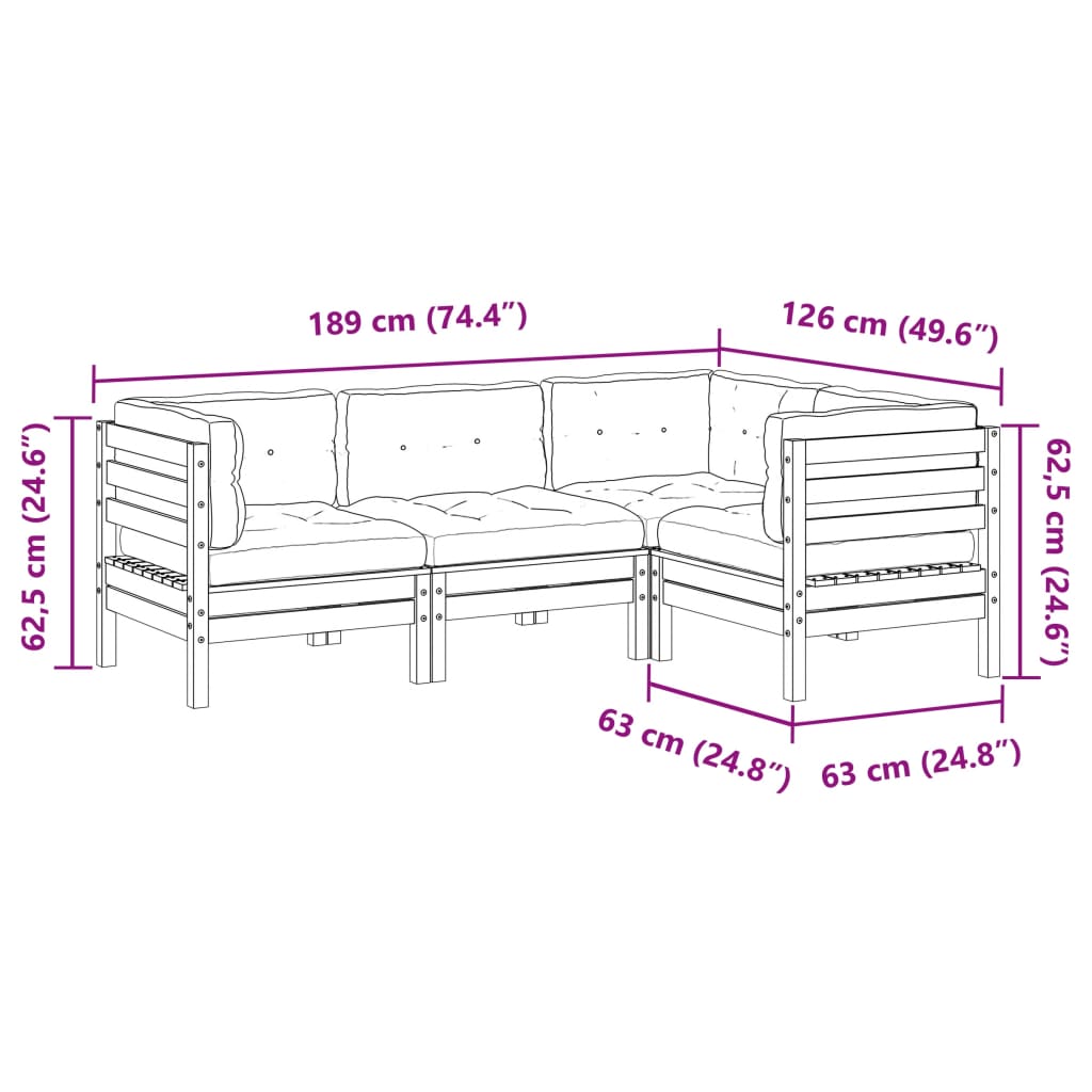 Set Divani Giardino 4pz con Cuscini Marrone Cera Massello Pino