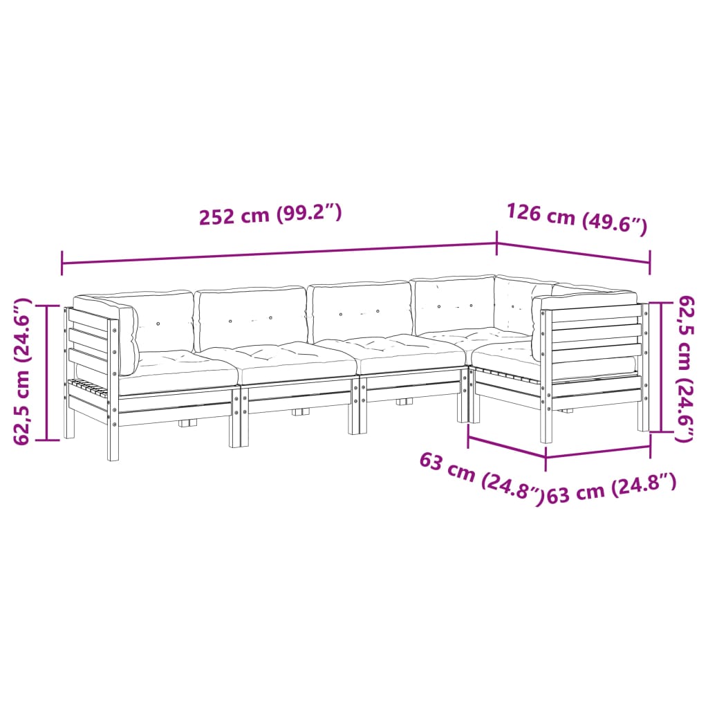 Set Divani Giardino 5pz con Cuscini Marrone Cera Massello Pino