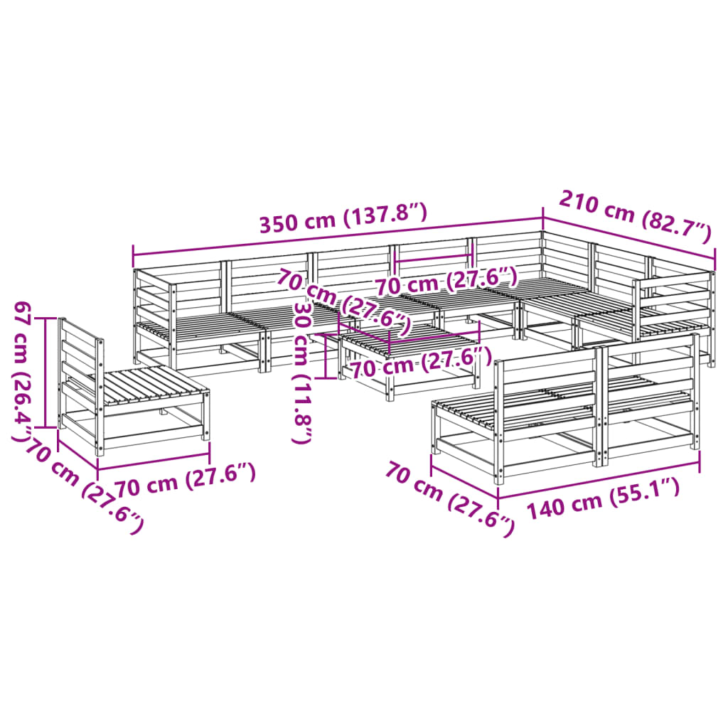 Set Divani da Giardino 11 pz in Legno Massello di Pino