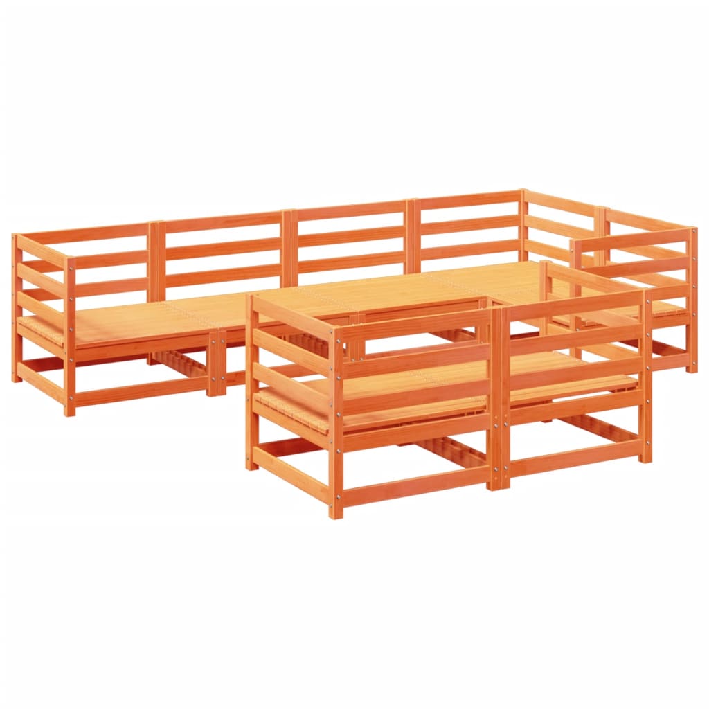 Set Divani da Giardino 7 pz Marrone Cera Legno Massello Pino