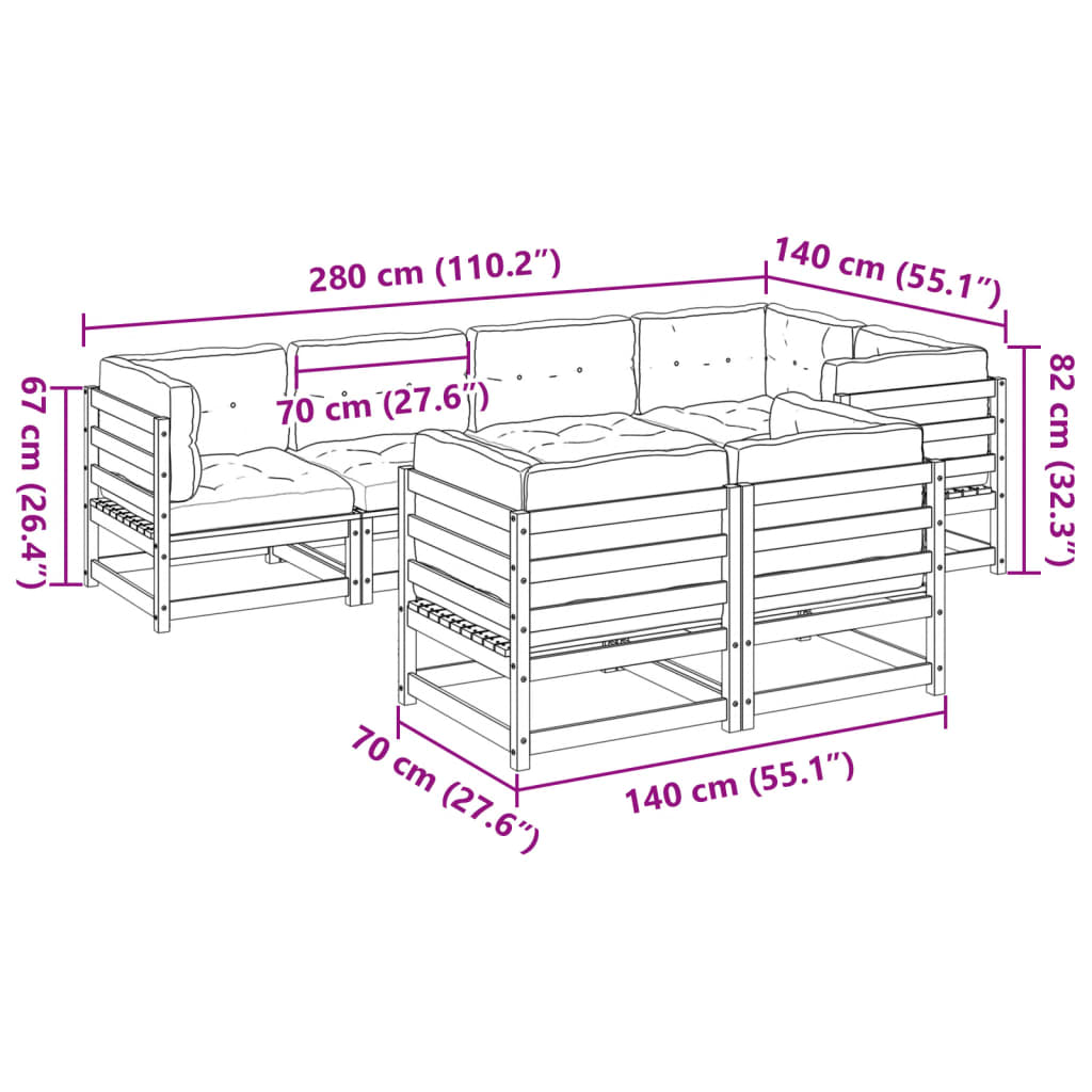 Set Divani da Giardino 7 pz con Cuscini Legno Massello di Pino