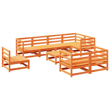 Set Divani da Giardino 9 pz Marrone Cera Legno Massello Pino