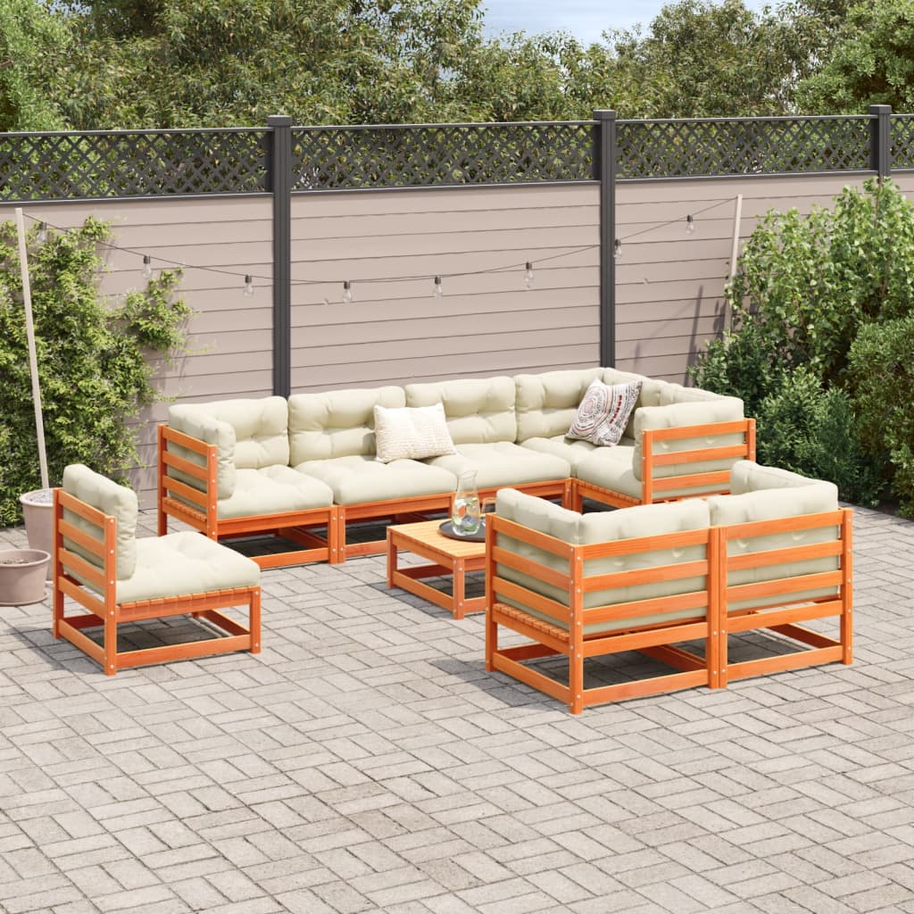 Set Divani da Giardino 9 pz Marrone Cera Legno Massello Pino