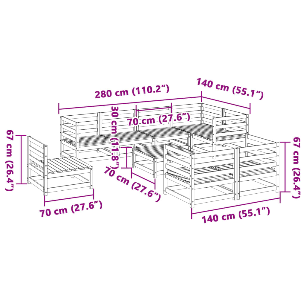 Set Divani da Giardino 9 pz Marrone Cera Legno Massello Pino