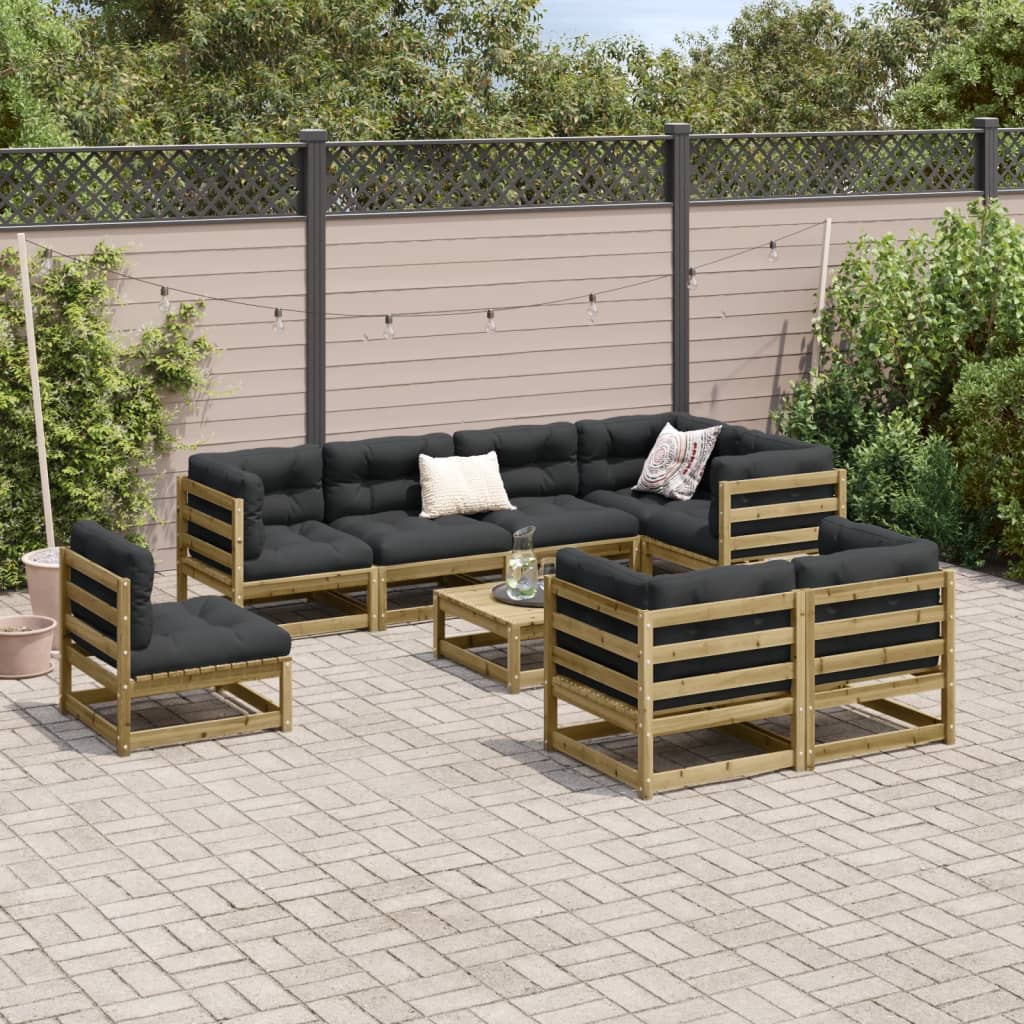 Set Divani da Giardino 9pz con Cuscini Legno Impregnato di Pino