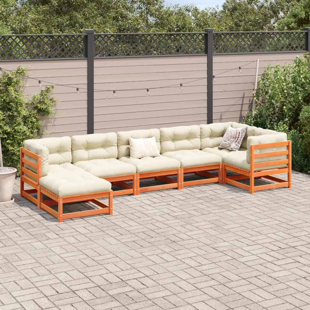 Set Divani da Giardino 7 pz Marrone Cera Legno Massello Pino