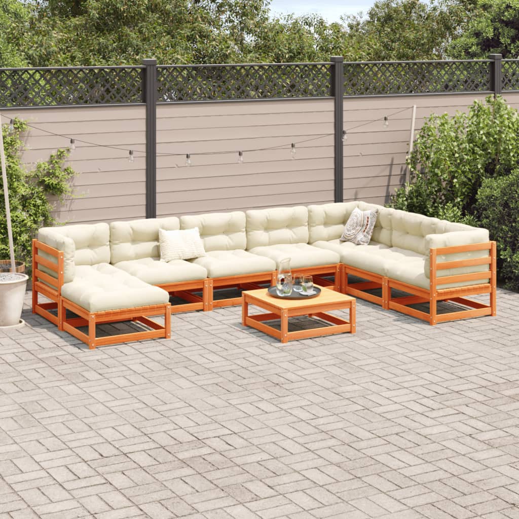 Set Divani da Giardino 9 pz Marrone Cera Legno Massello Pino