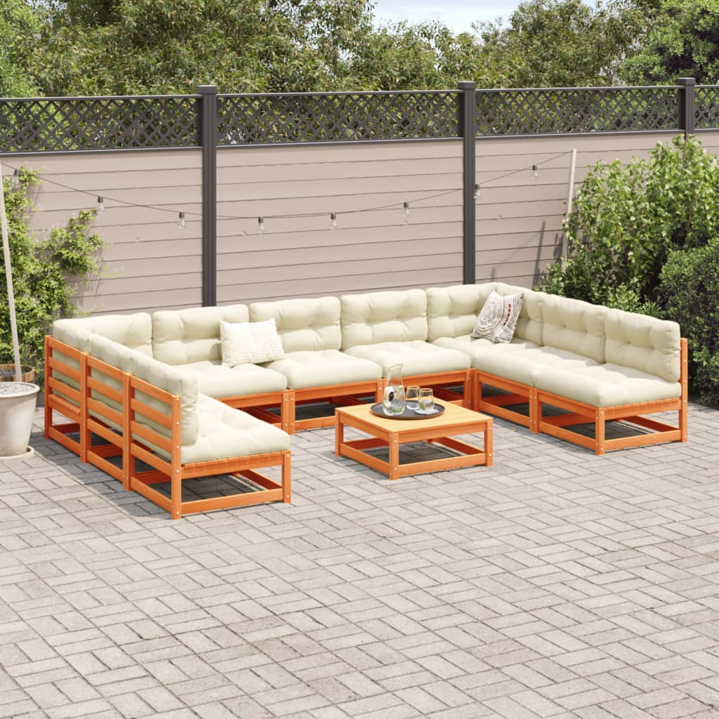 Set Divani Giardino 10pz con Cuscini Marrone Cera Massello Pino