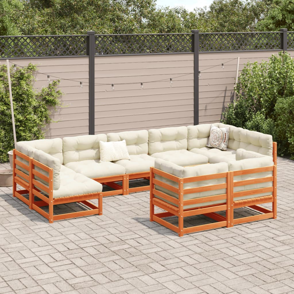 Set Divani da Giardino 9 pz Marrone Cera Legno Massello Pino