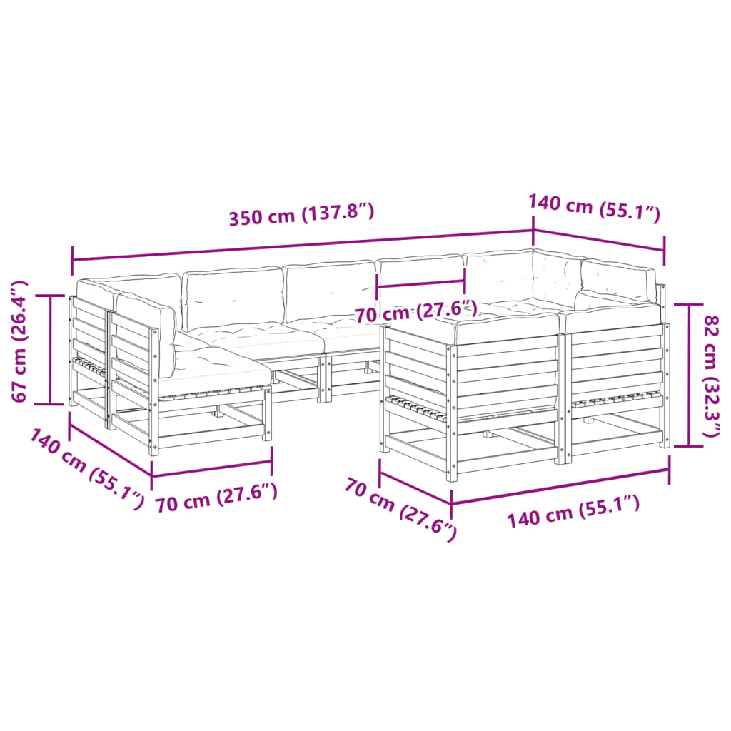 Set Divani da Giardino 9 pz con Cuscini Legno Massello di Pino