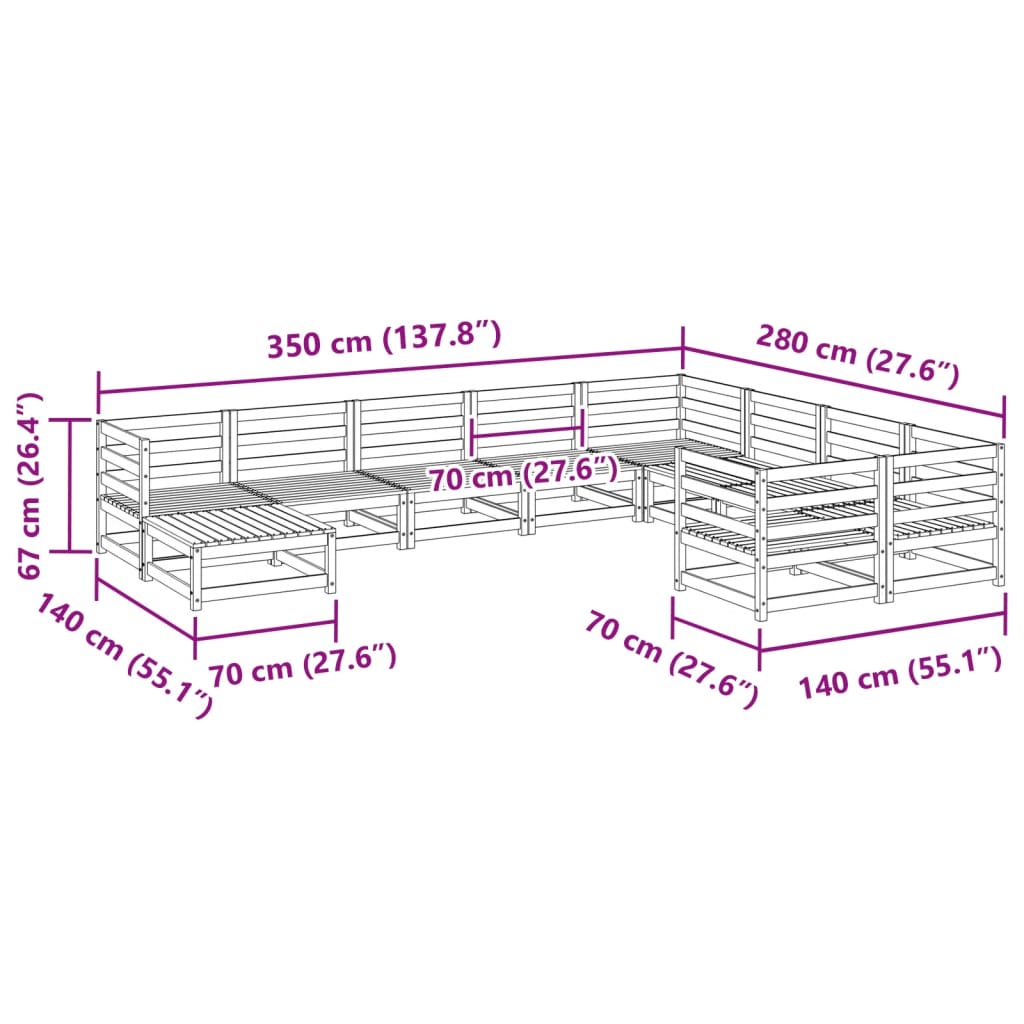 Set Divani da Giardino 10 pz in Legno Massello di Pino