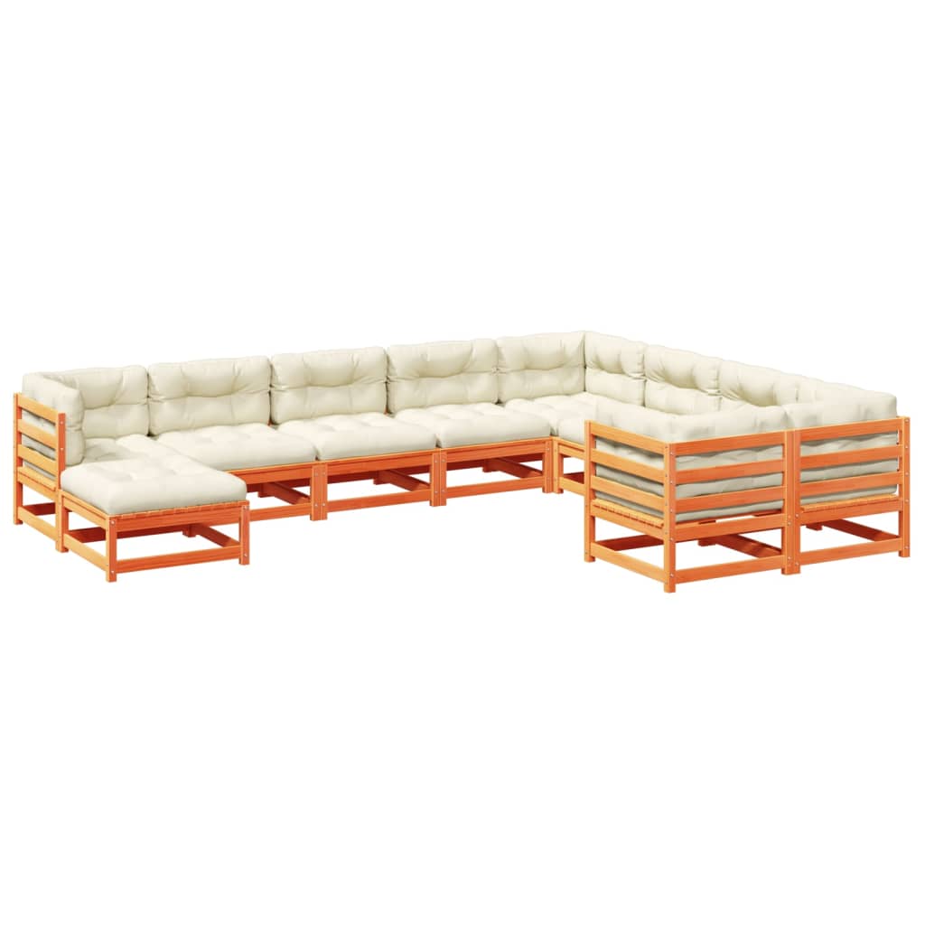 Set Divani Giardino 10pz con Cuscini Marrone Cera Massello Pino