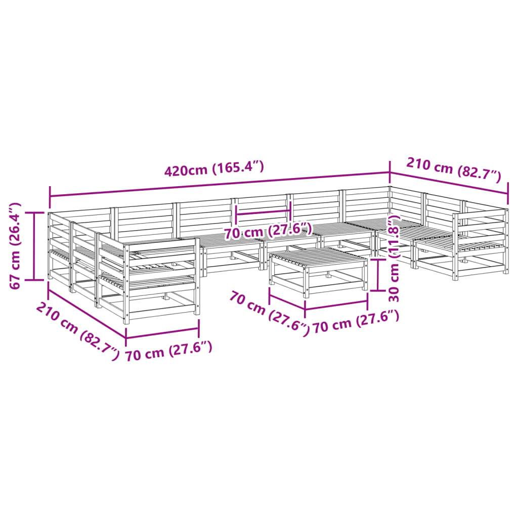 Set Divani da Giardino 11pz Marrone Cera Legno Massello di Pino