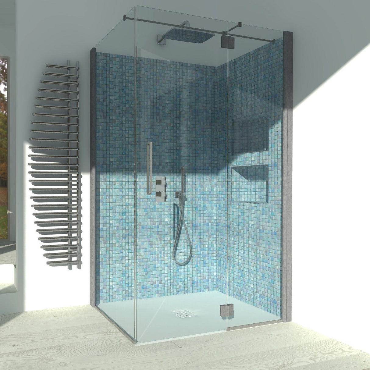 Corner Shower Enclosure Hinged + Fixed Door Azalea A.FB+L - 6 mm Tempered Glass Satin Silver Profile