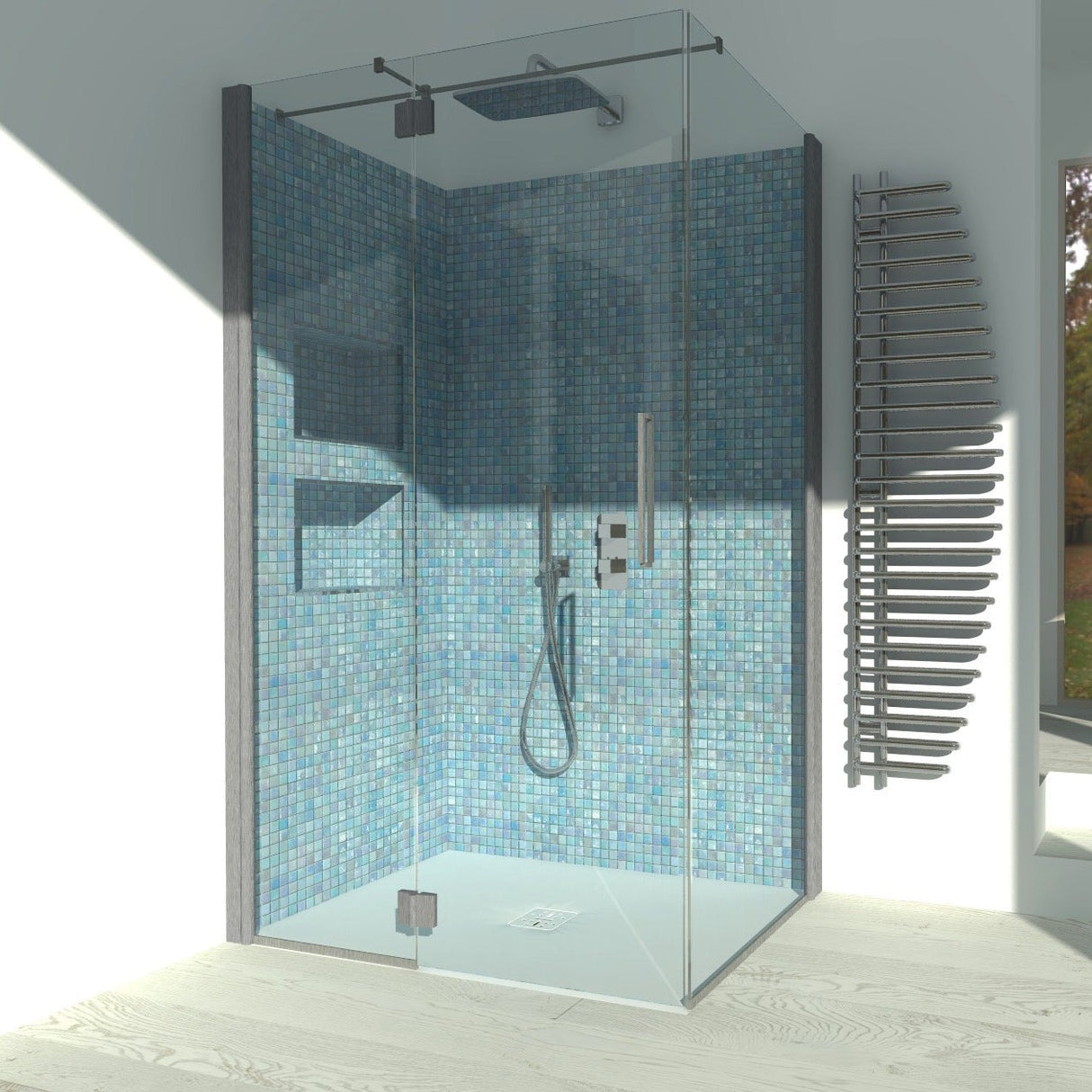 Corner Shower Enclosure Hinged + Fixed Door Azalea A.FB+L - 6 mm Tempered Glass Satin Silver Profile