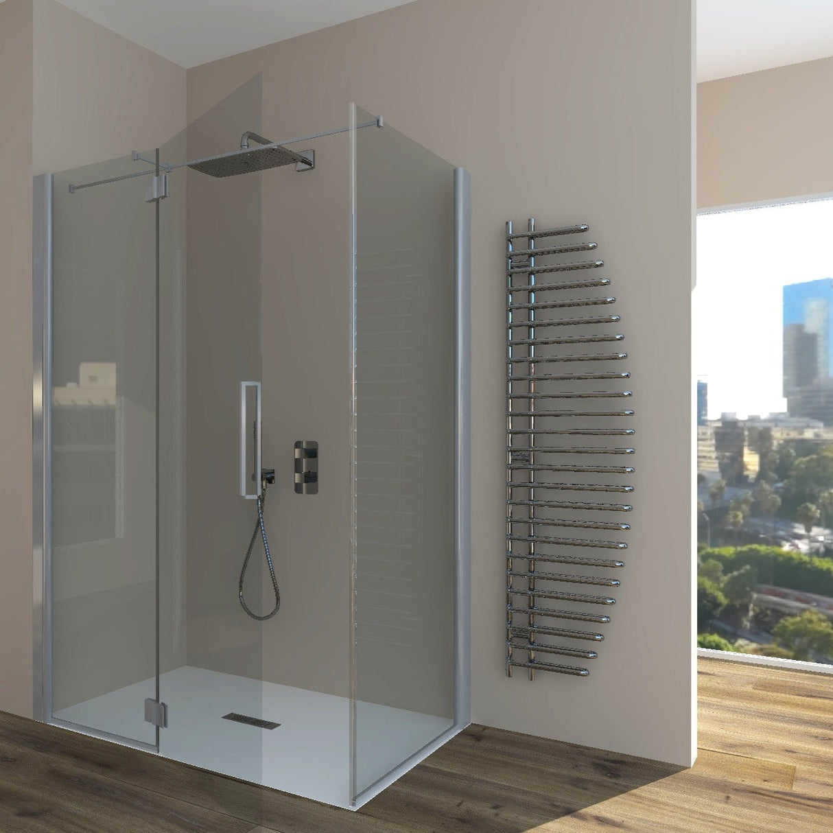 Corner Shower Enclosure Hinged + Fixed Door Azalea A.FB+L - 6 mm Tempered Glass Satin Silver Profile
