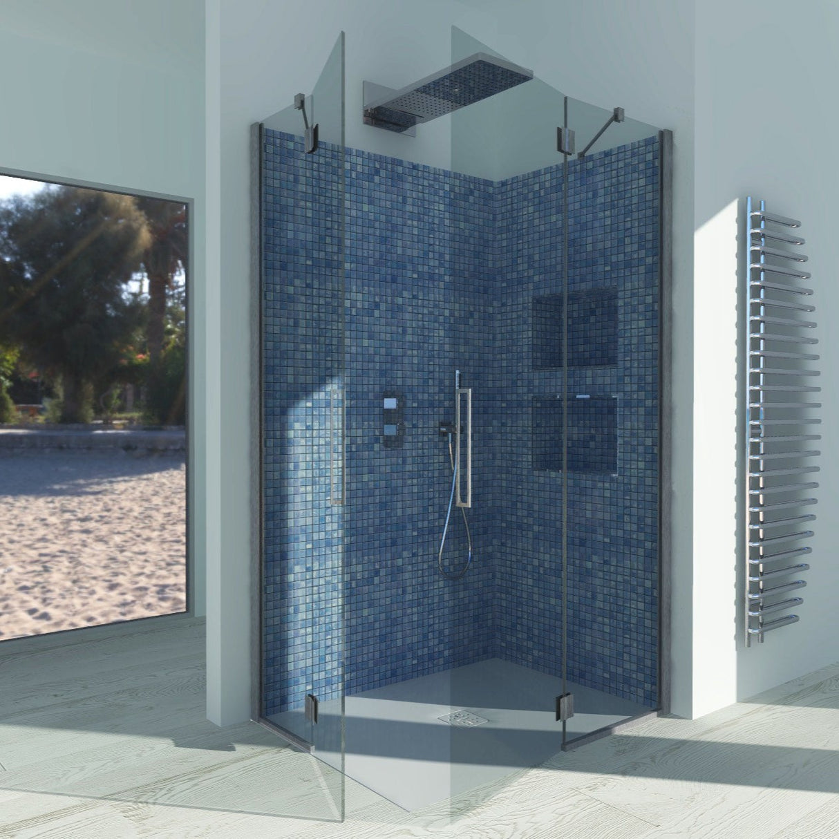 Azalea A.2FB Hinged Corner Shower Enclosure - Tempered Transparent Glass 6 mm Satin Silver Profile