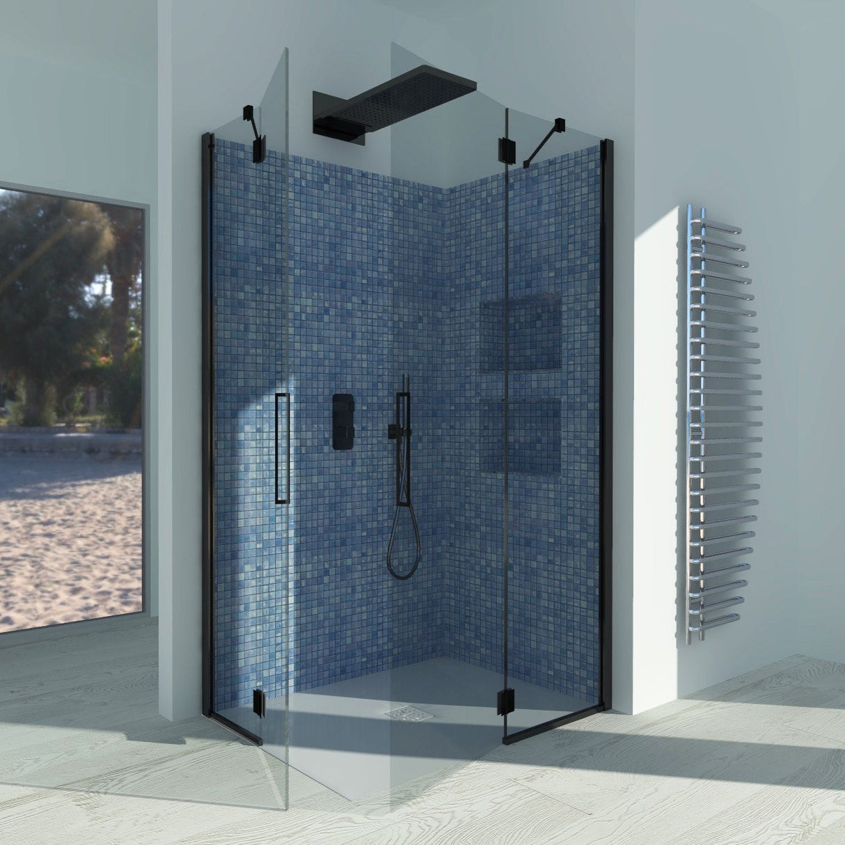 Azalea A.2FB Hinged Corner Shower Enclosure - Tempered Transparent Glass 6 mm Matt Black Profile