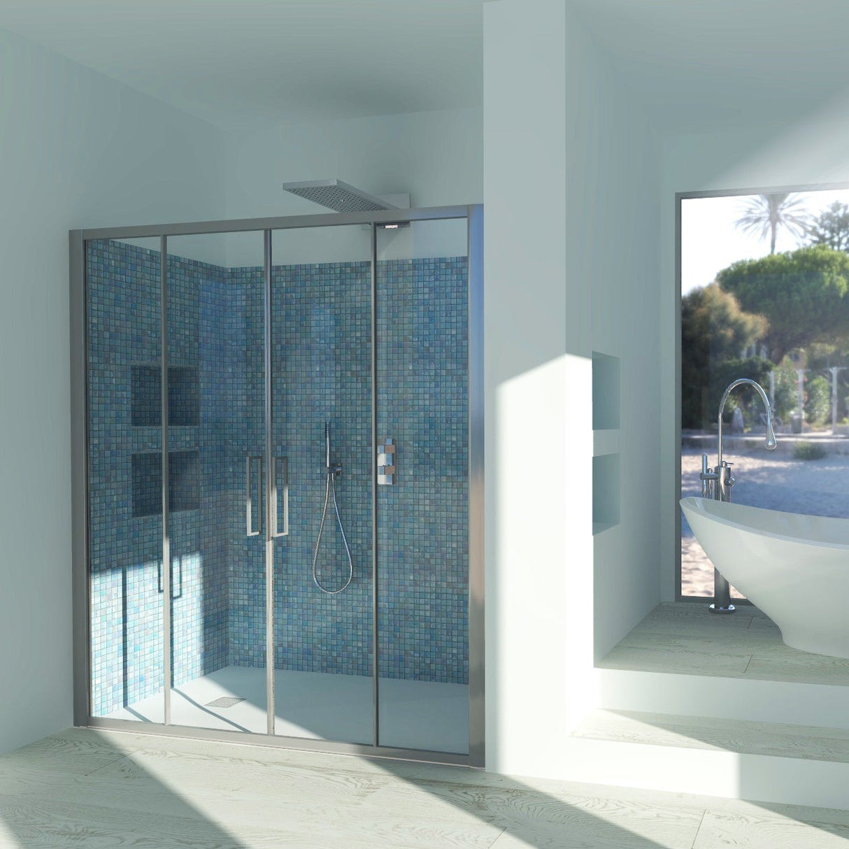 Shower Enclosure in Niche DALIA N.2FS Central opening with 4 doors - 4 mm tempered transparent glass, satin silver profile
