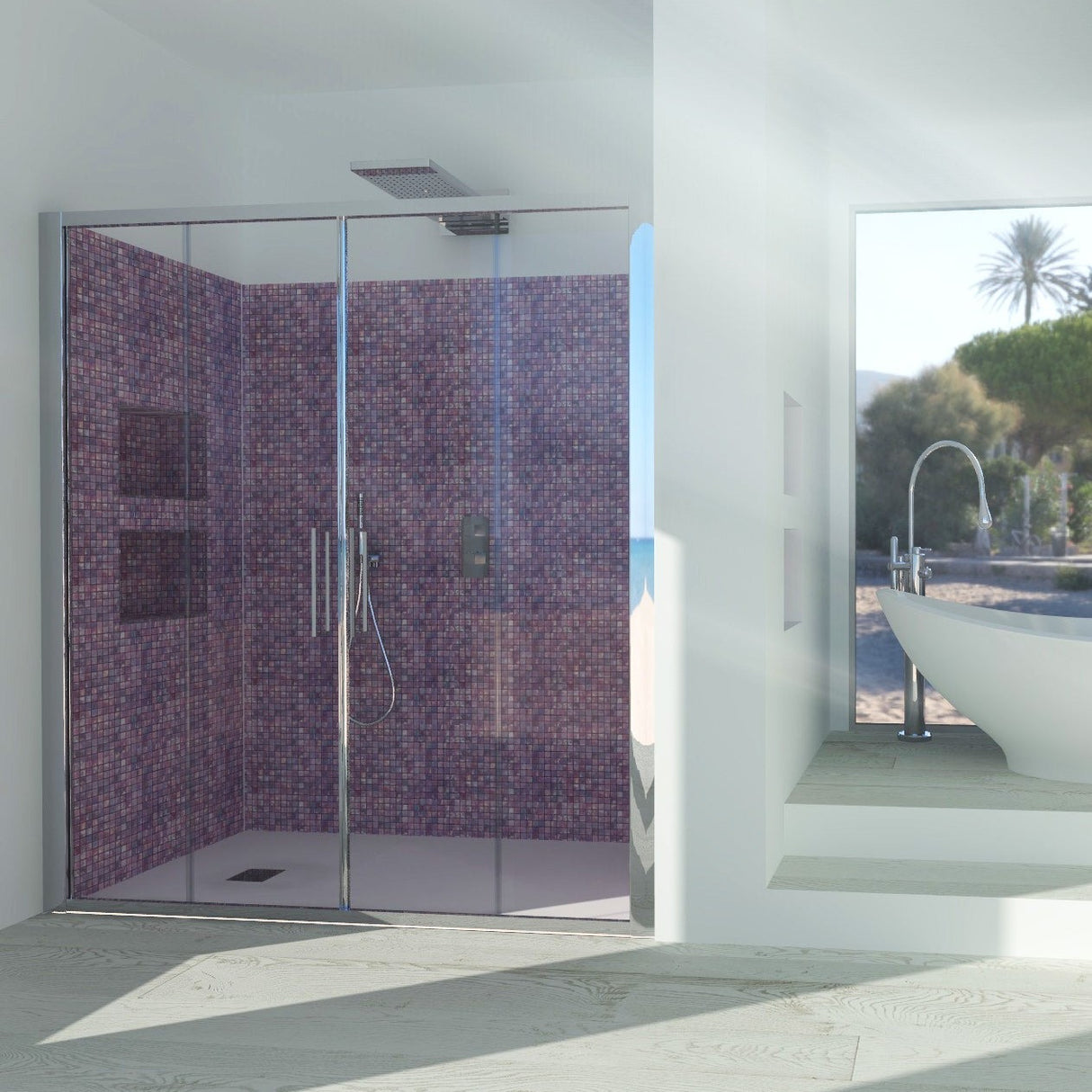 Shower Enclosure in Niche DALIA N.2FS Central opening with 4 doors - 4 mm Tempered Transparent Glass Polished Silver Profile