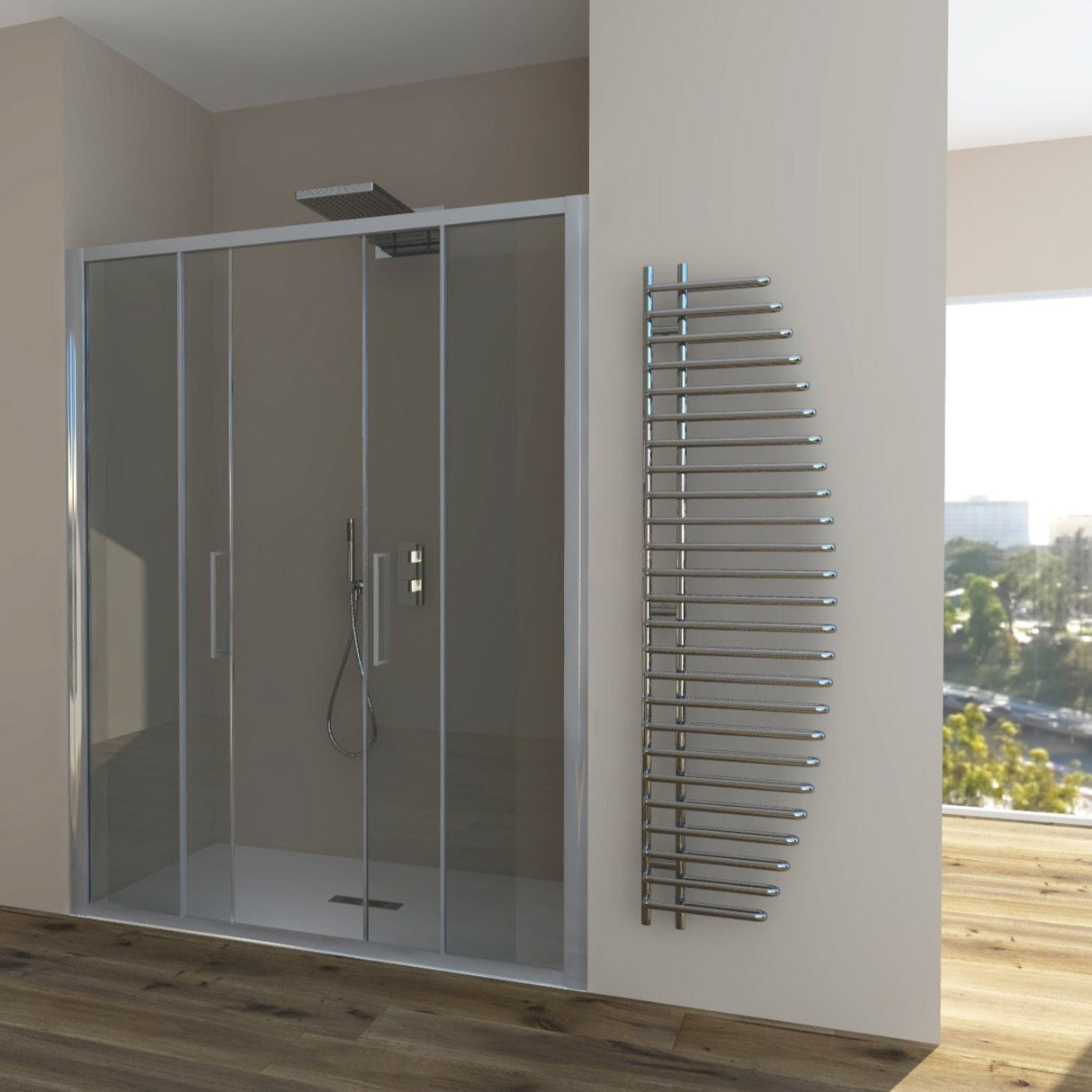 Shower Enclosure in Niche DALIA N.2FS Central opening with 4 doors - 4 mm tempered transparent glass, satin silver profile