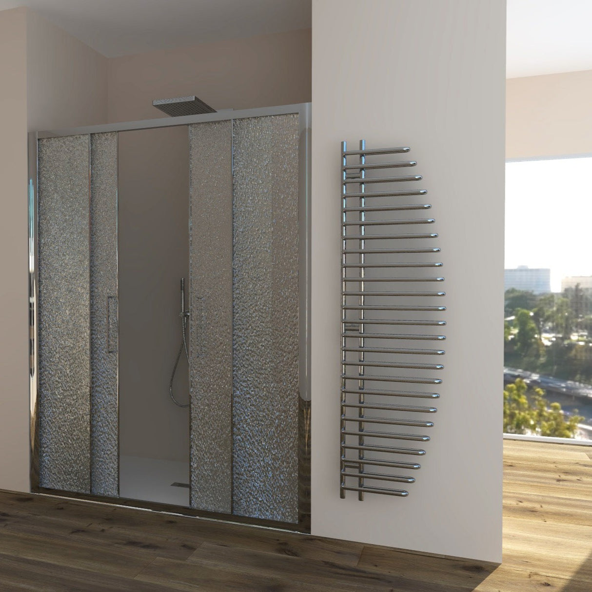 Shower Enclosure in Niche DALIA N.2FS Central opening with 4 doors - Tempered C Printed Glass 4 mm Polished Silver Profile