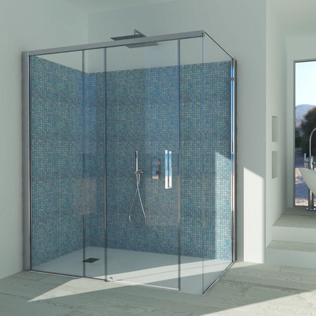 Sliding Shower Enclosure + Fixed Side GELSOMINO A.FS+L - 6 mm Tempered Transparent Glass Polished Silver Profile - Long Left Side