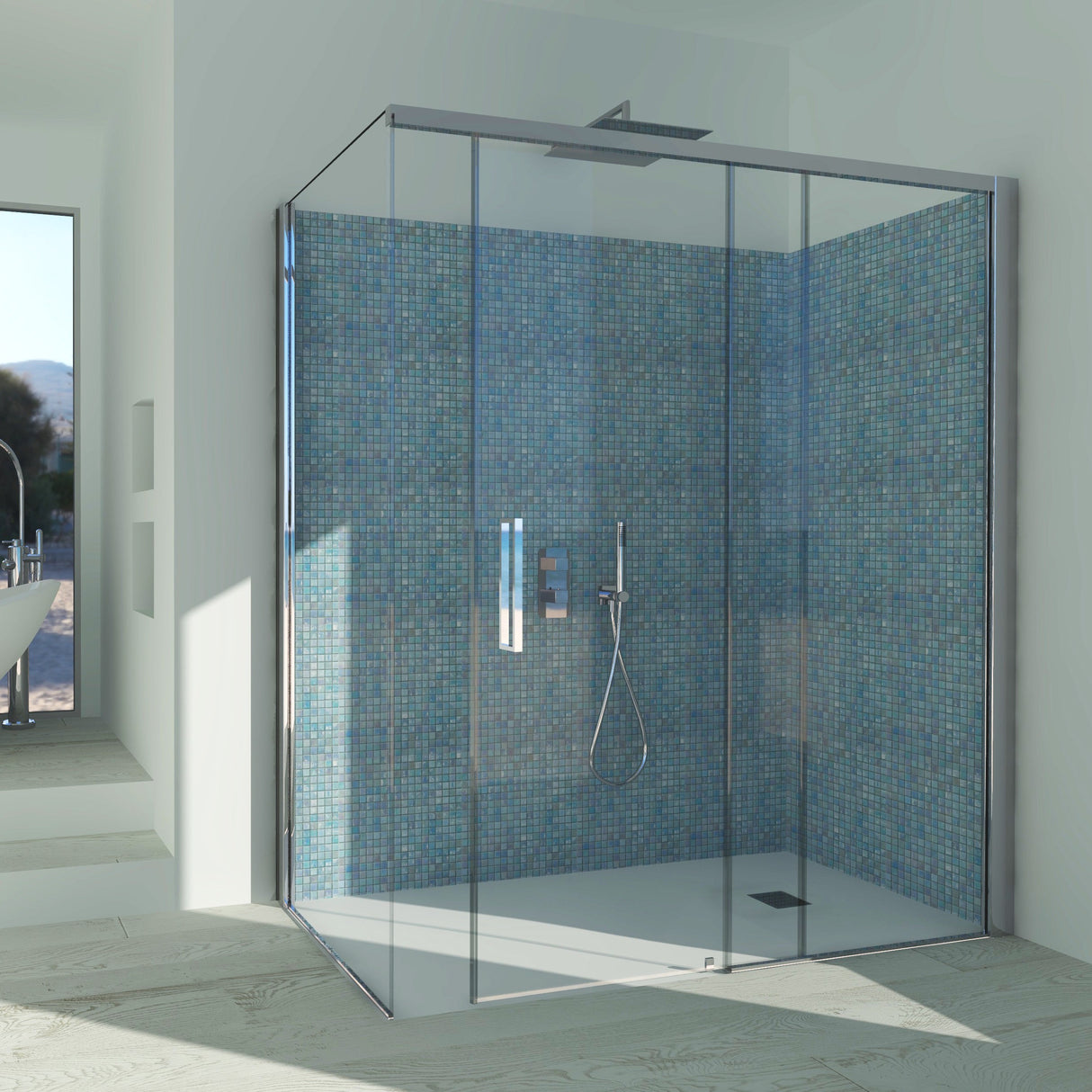 Sliding Shower Enclosure + Fixed Side GELSOMINO A.FS+L - Transparent Tempered Glass 6 mm Polished Silver Profile - Long Right Side